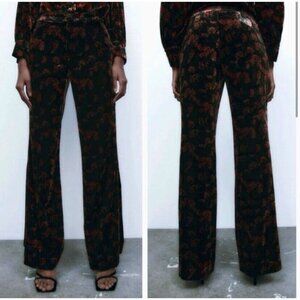 Zara The Charlotte Black Wide Leg Velvet Floral Pants Black Red Size L Rose Goth